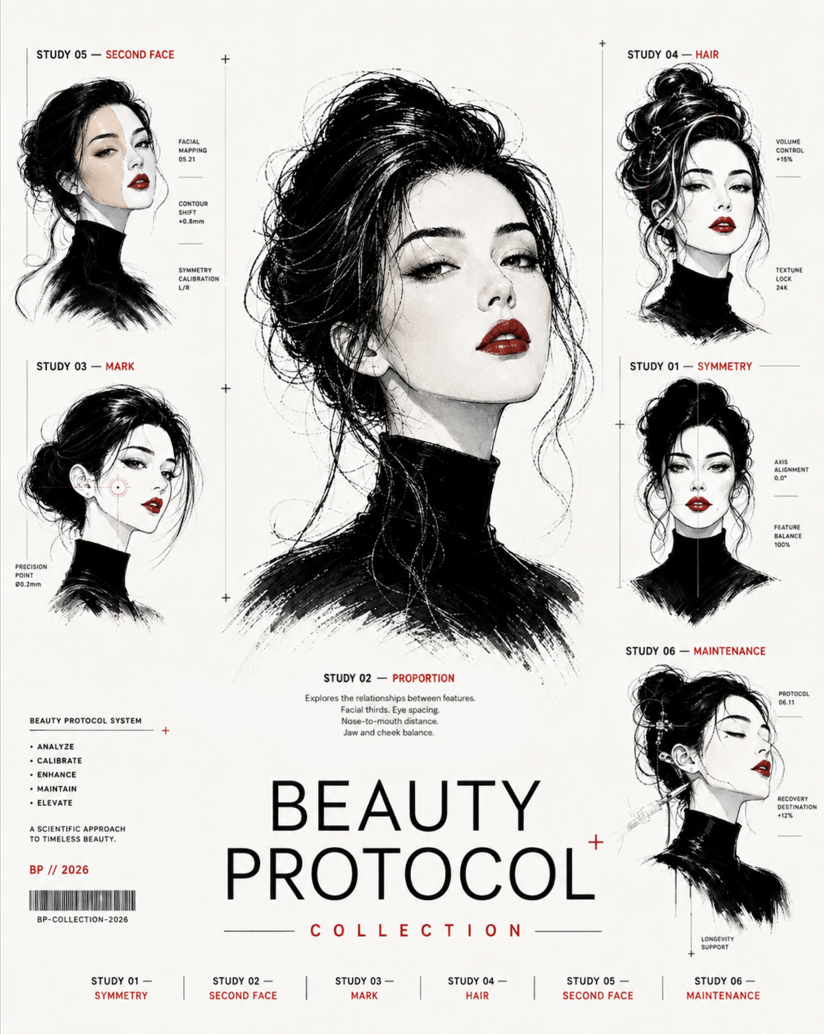 Beauty Protocol, a series of monochrome portrait studies with red lips