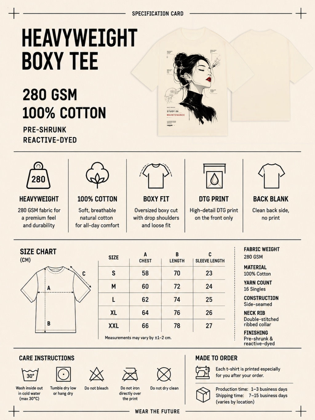 Heavyweight boxy tee specification card with fabric details, size chart and care instructions