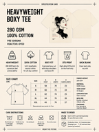 Heavyweight boxy tee specification card with fabric details, size chart and care instructions