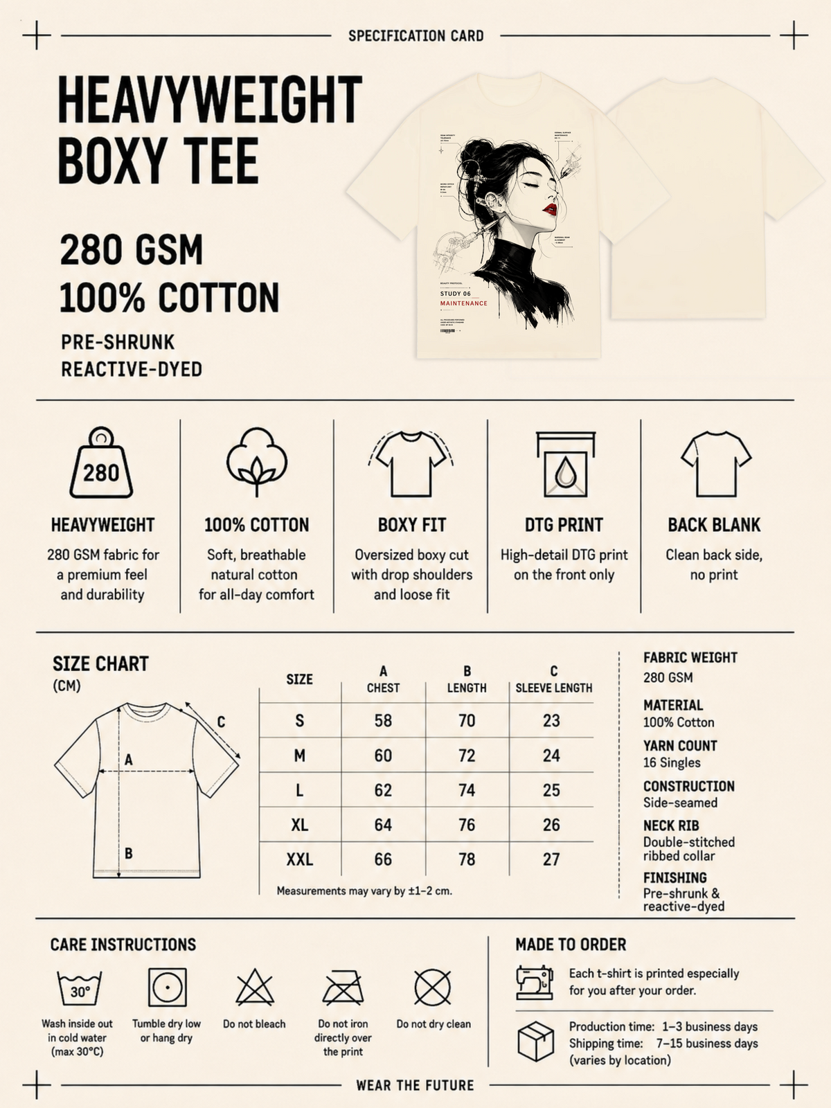 Heavyweight boxy tee specification card with fabric details, size chart and care instructions