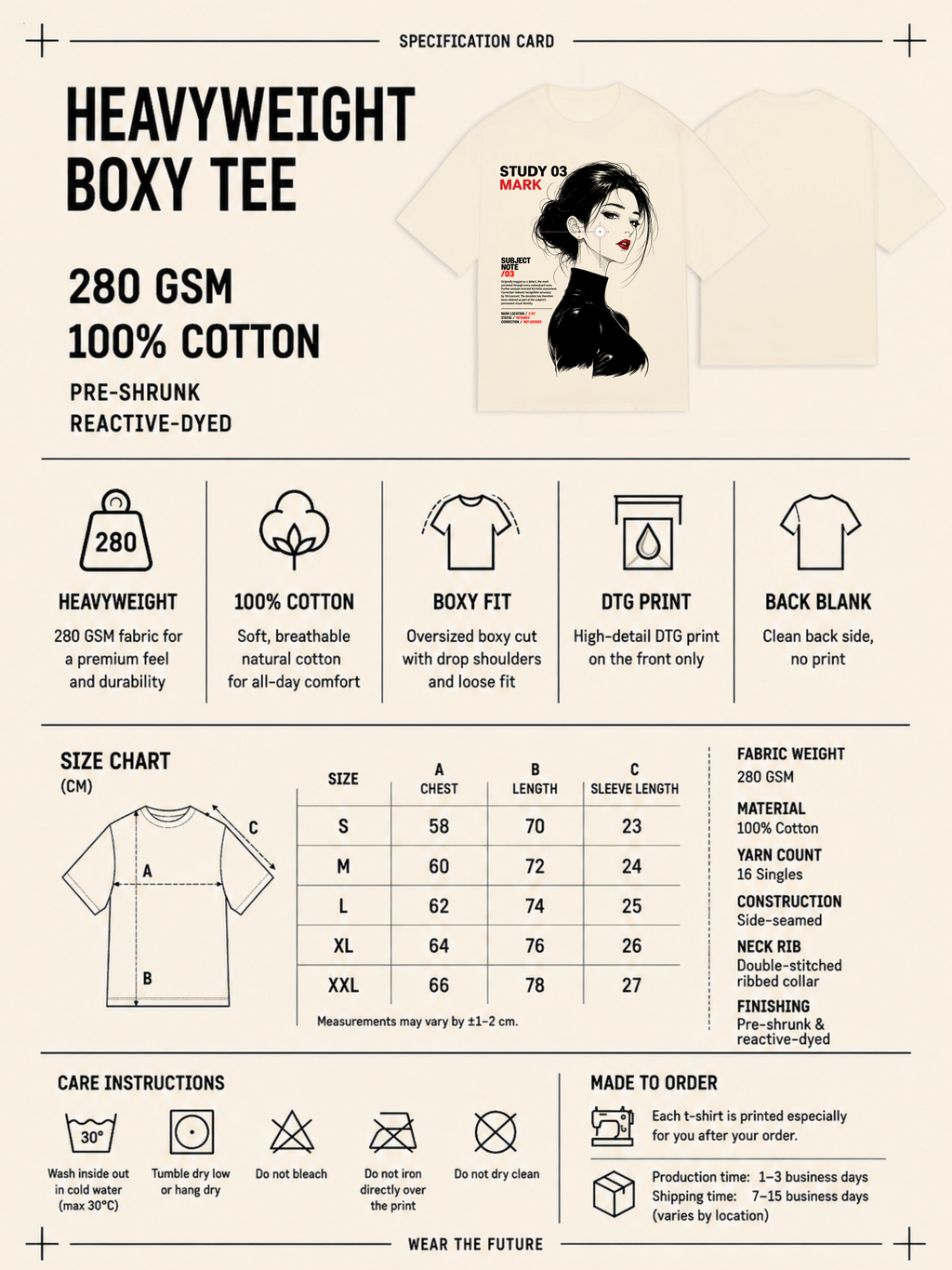 Heavyweight boxy tee specification card with fabric details, size chart and care instructions