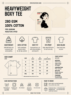 Heavyweight boxy tee specification card with fabric details, size chart and care instructions