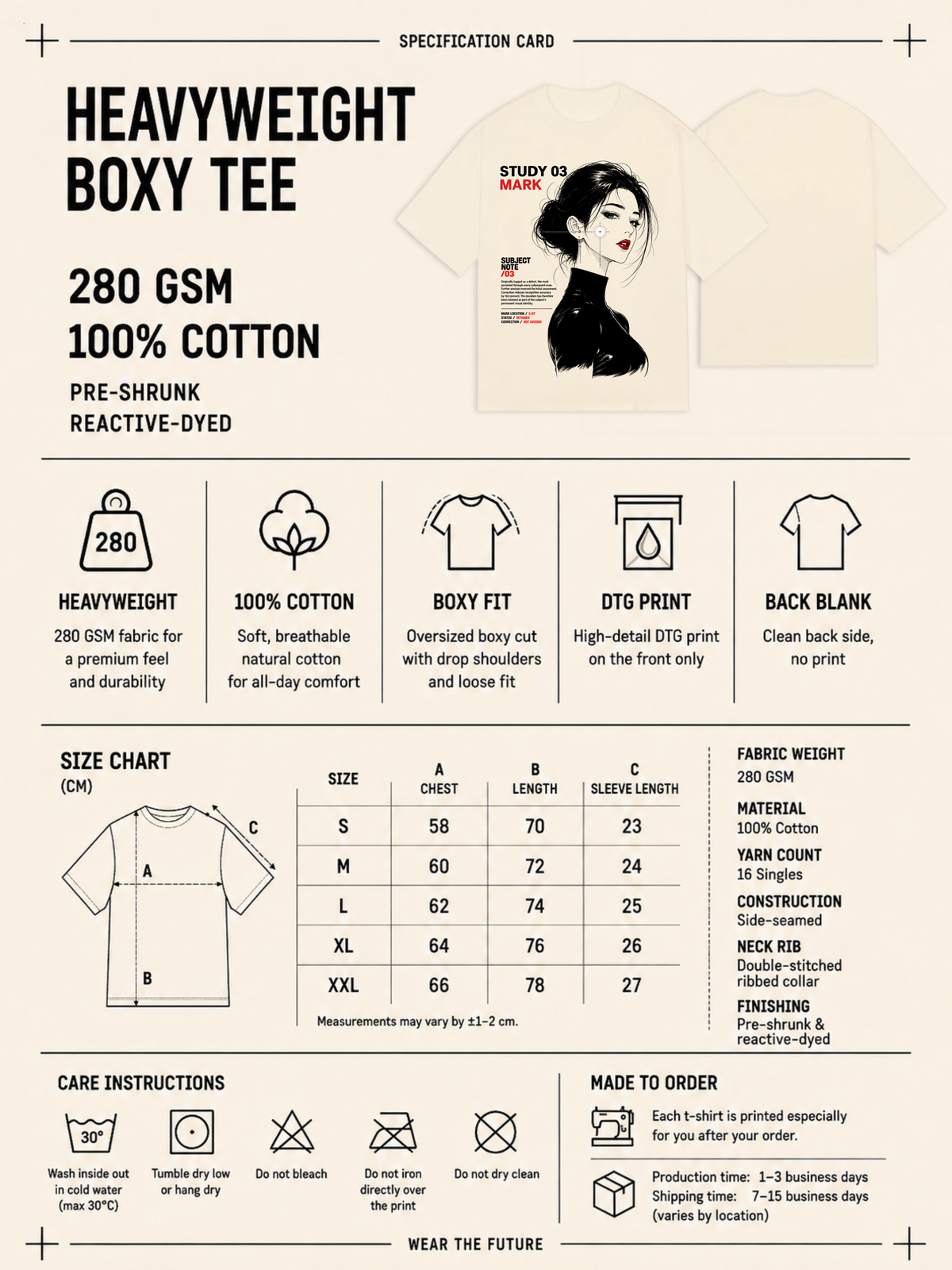 Heavyweight boxy tee specification card with fabric details, size chart and care instructions