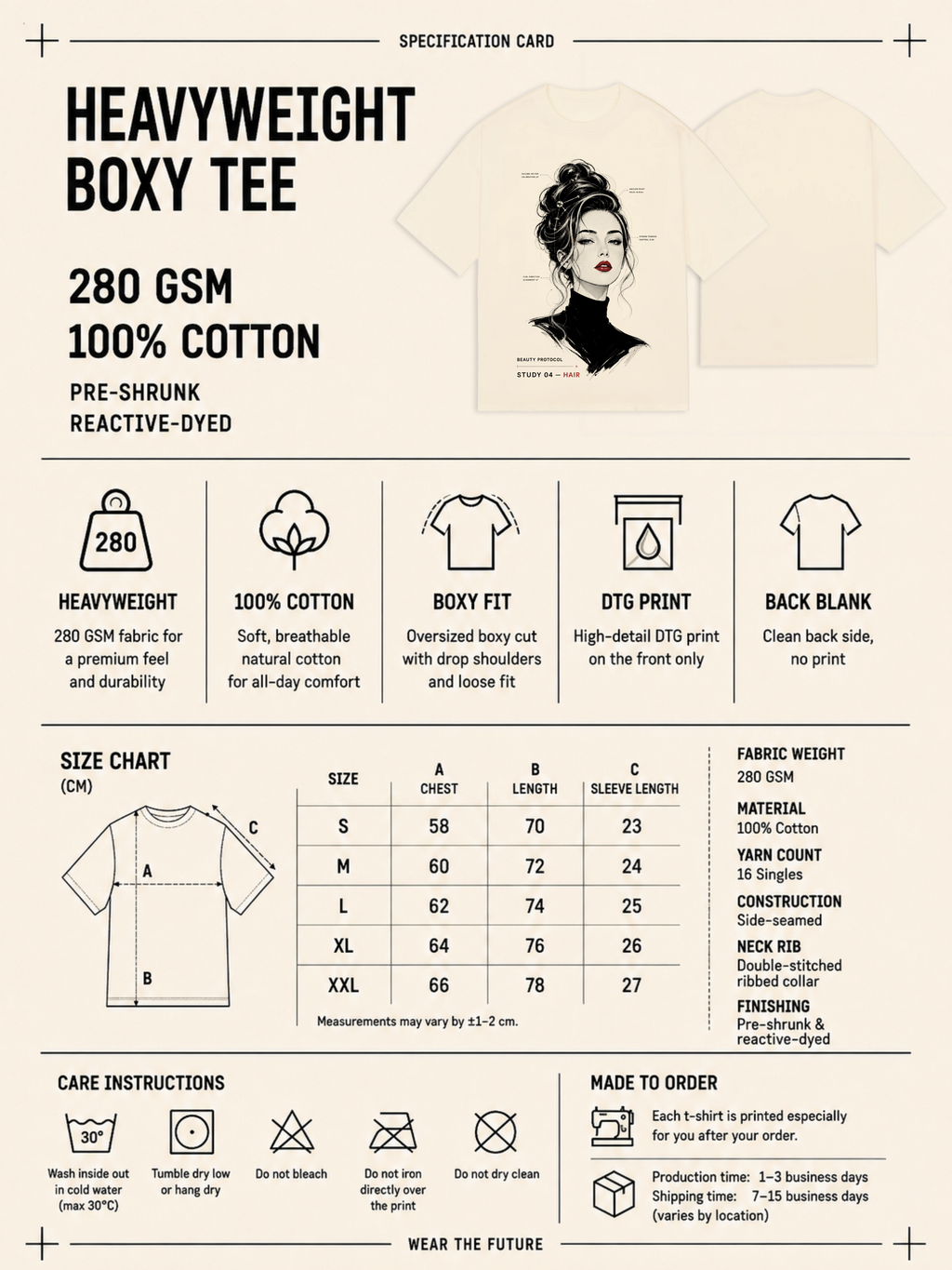 Heavyweight boxy tee specification card with fabric details, size chart and care instructions