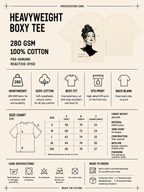 Heavyweight boxy tee specification card with fabric details, size chart and care instructions