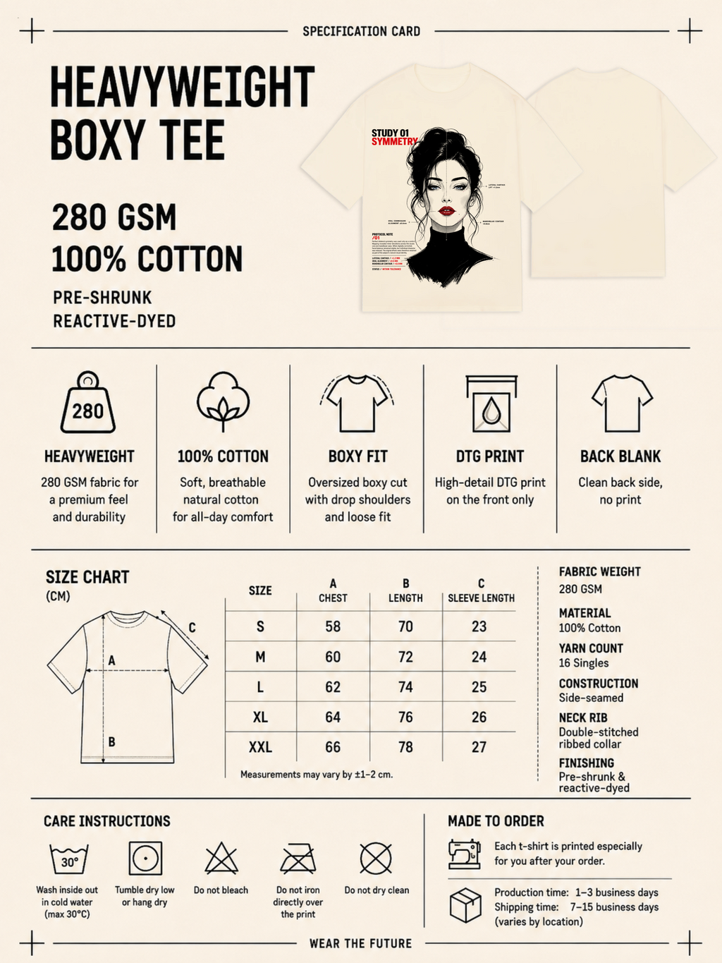 Heavyweight boxy tee specification card with fabric details, size chart and care instructions