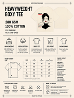 Heavyweight boxy tee specification card with fabric details, size chart and care instructions