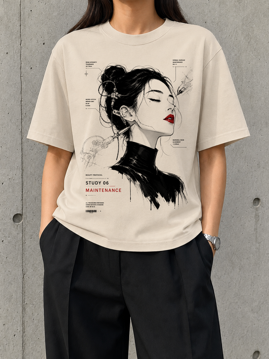 Maintenance, Study 06 heavyweight boxy tee worn by a woman, front print of a monochrome portrait with red lips