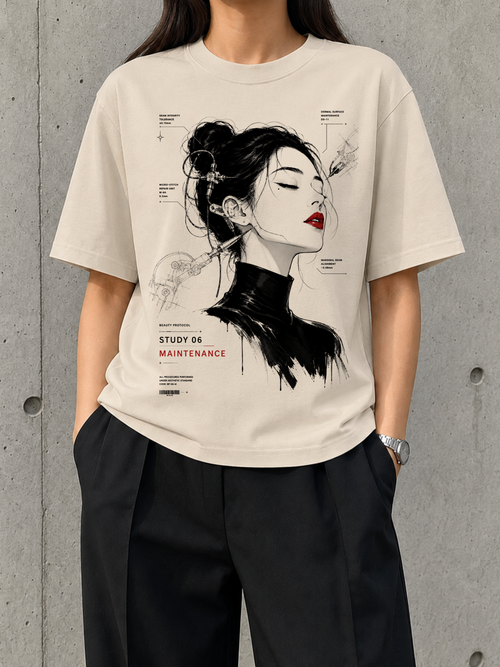 Maintenance, Study 06 heavyweight boxy tee worn by a woman, front print of a monochrome portrait with red lips