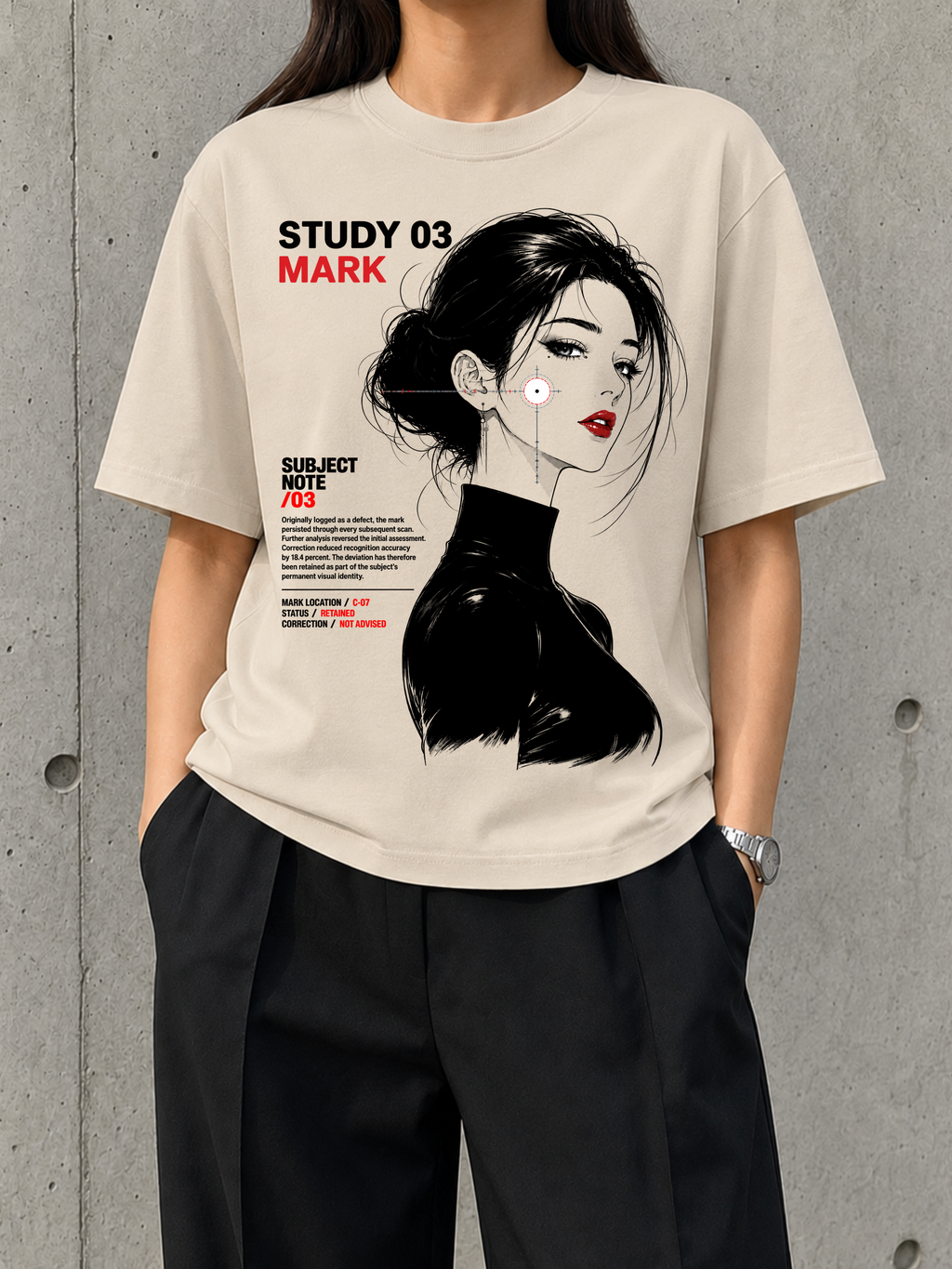 Mark, Study 03 heavyweight boxy tee worn by a woman, front print of a monochrome portrait with a red mark and red lips