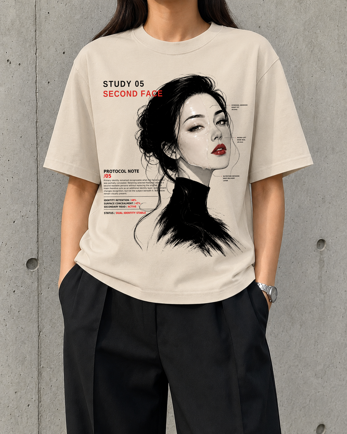 Second Face, Study 05 heavyweight boxy tee worn by a woman, front print of a monochrome portrait with a pale mask over half the face