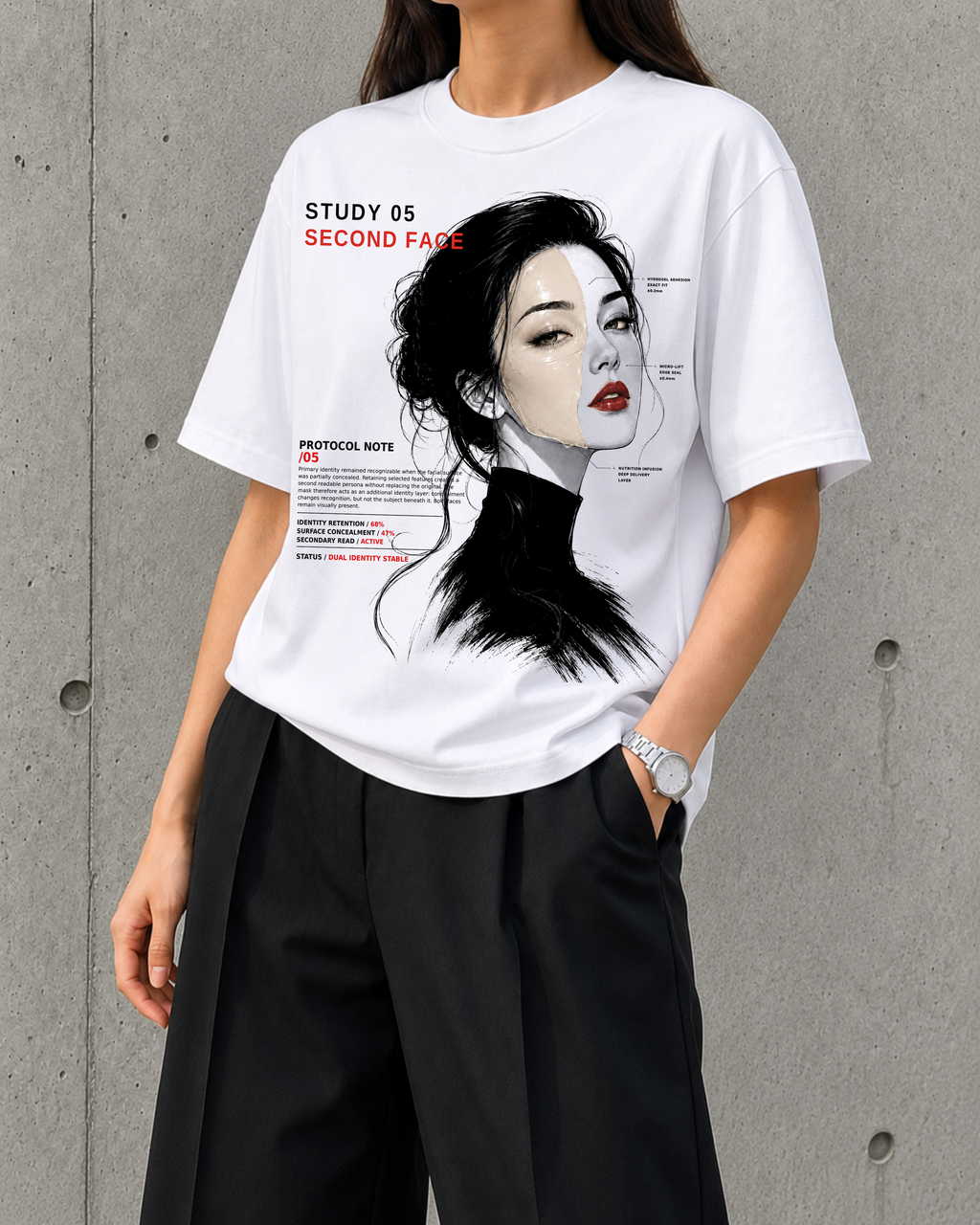 Second Face, Study 05 heavyweight boxy tee in white worn by a woman, front print