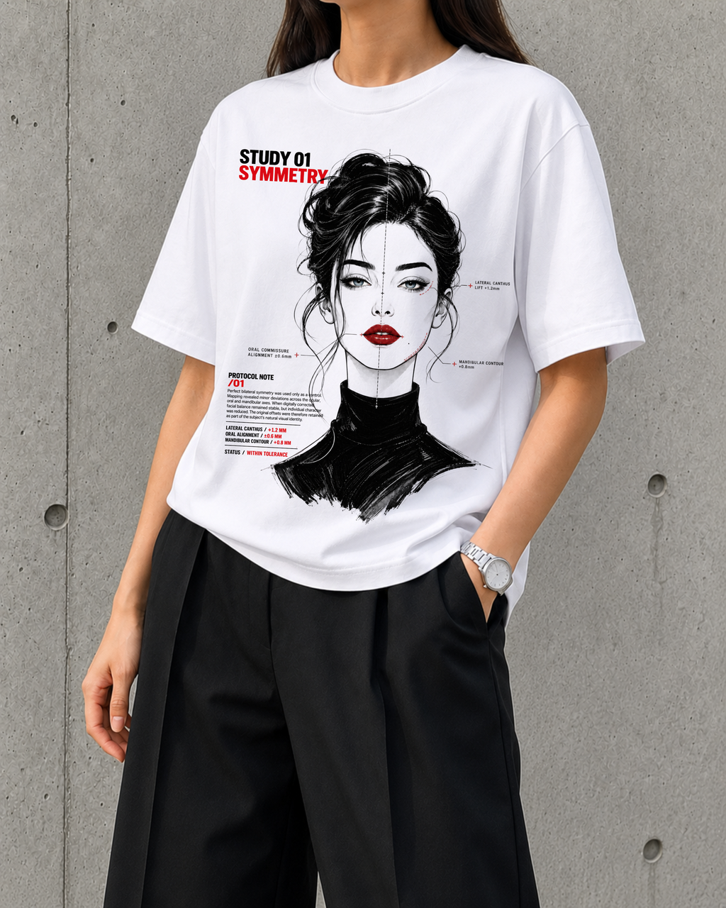Symmetry, Study 01 heavyweight boxy tee in white worn by a woman, front print