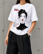 Symmetry, Study 01 heavyweight boxy tee in white worn by a woman, front print