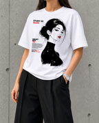 Mark, Study 03 heavyweight boxy tee in white worn by a woman, front print