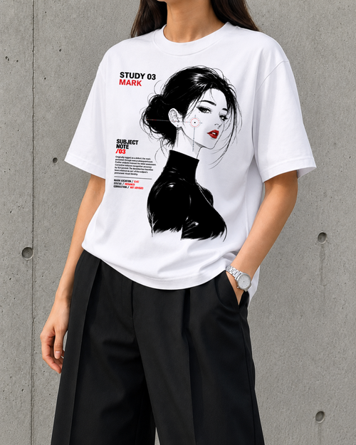 Mark, Study 03 heavyweight boxy tee in white worn by a woman, front print