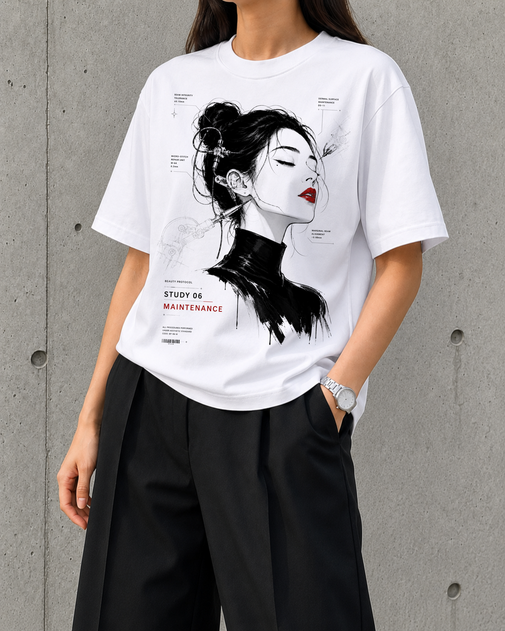 Maintenance, Study 06 heavyweight boxy tee in white worn by a woman, front print