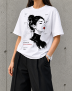 Maintenance, Study 06 heavyweight boxy tee in white worn by a woman, front print