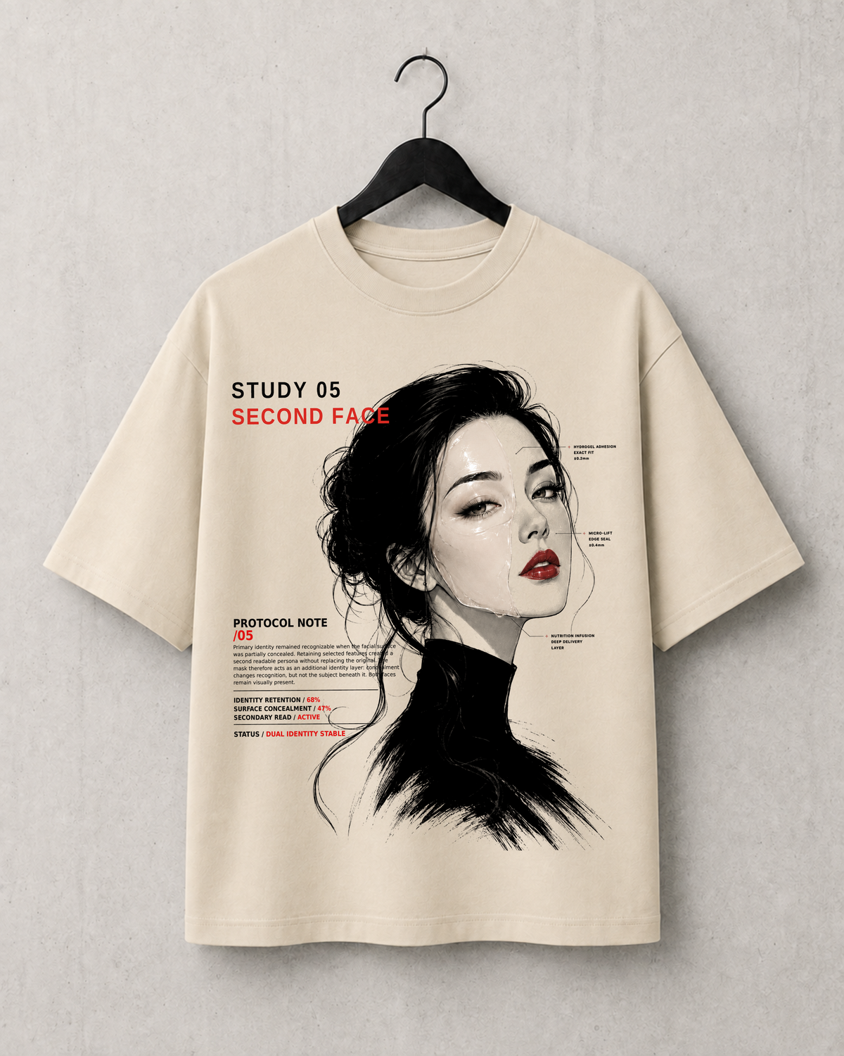 Second Face, Study 05 heavyweight boxy tee on a hanger, front print