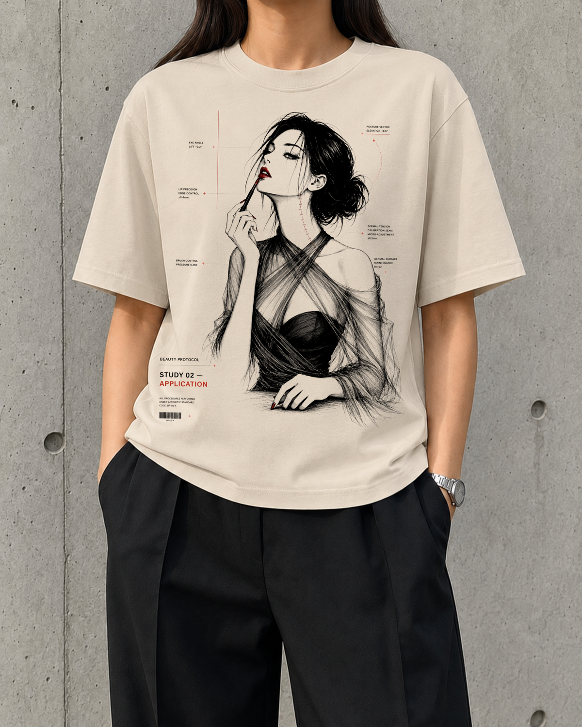Application, Study 02 heavyweight boxy tee worn by a woman, front print of a monochrome portrait applying red lip pigment