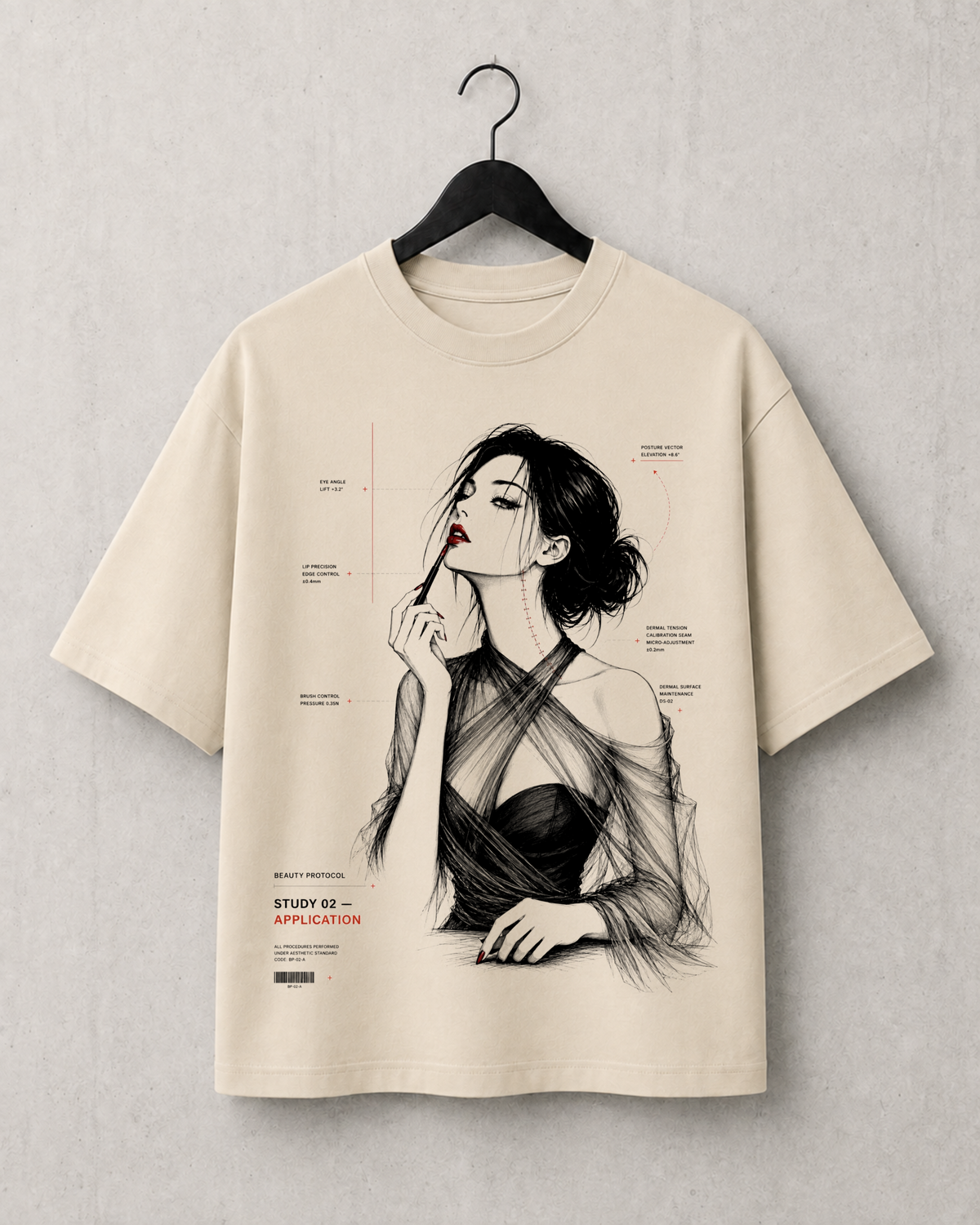 Application, Study 02 heavyweight boxy tee on a hanger, front print