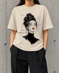 Hair, Study 04 heavyweight boxy tee worn by a woman, front print of a monochrome portrait with an annotated updo and red lips