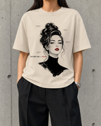 Hair, Study 04 heavyweight boxy tee worn by a woman, front print of a monochrome portrait with an annotated updo and red lips