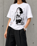 Application, Study 02 heavyweight boxy tee in white worn by a woman, front print
