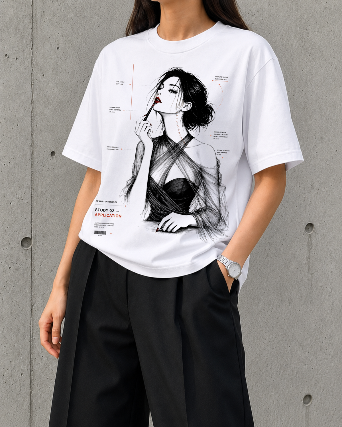 Application, Study 02 heavyweight boxy tee in white worn by a woman, front print