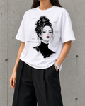 Hair, Study 04 heavyweight boxy tee in white worn by a woman, front print