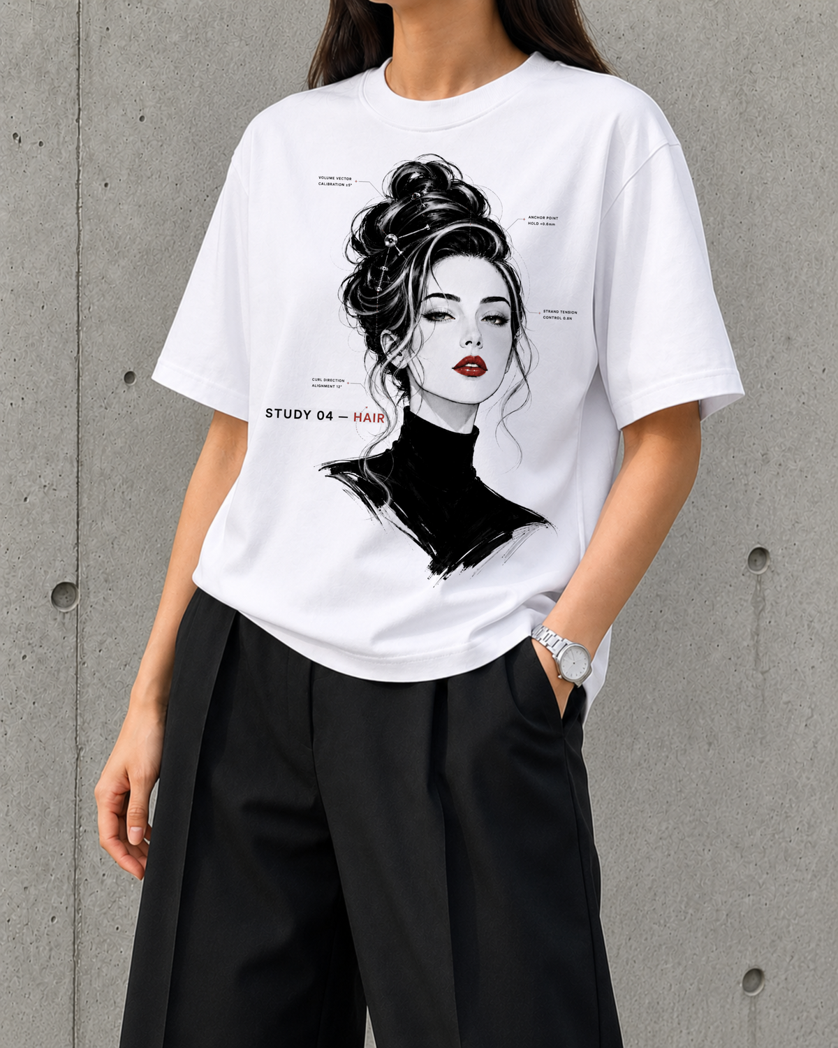 Hair, Study 04 heavyweight boxy tee in white worn by a woman, front print