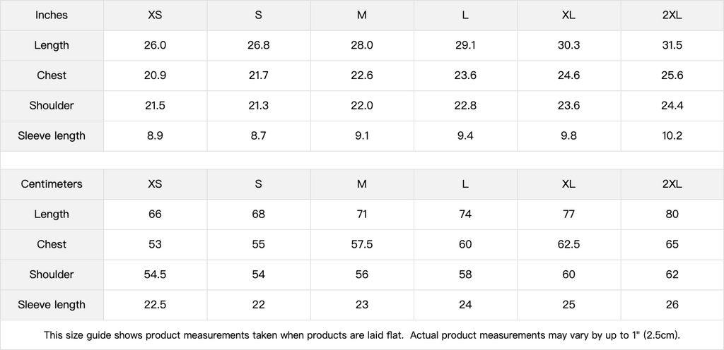 Heavyweight boxy tee size chart in centimetres