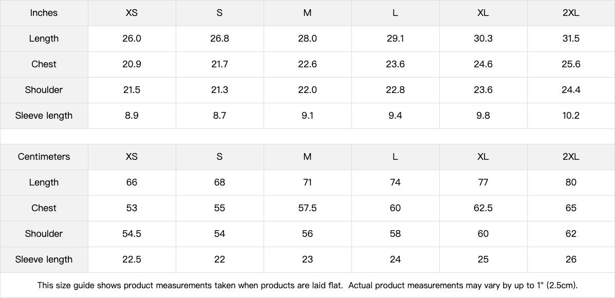 Heavyweight boxy tee size chart in centimetres