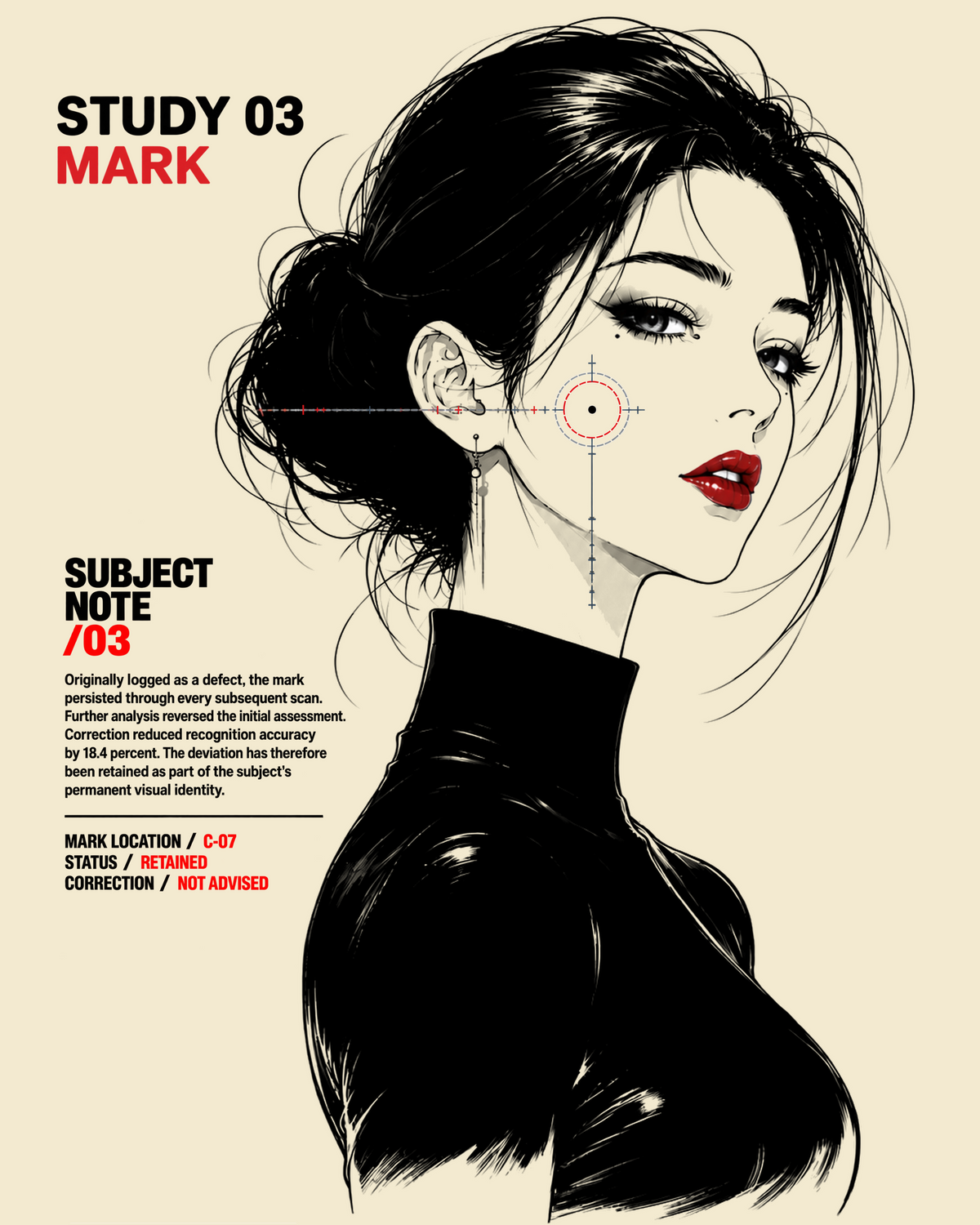 Mark, Study 03 artwork: monochrome portrait in profile with a single red mark on the cheek and red lips